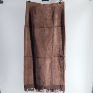 Vintage S.M.H Nubuck Leather Crochet  Fringe  Brown Maxi Skirt